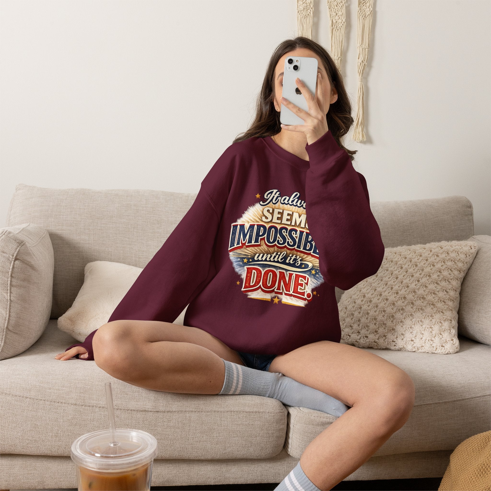 Impossible Until Done" Motivational Crewneck Sweatshirt – Unisex Graphic Pullover for Gym, Work & Daily Grind