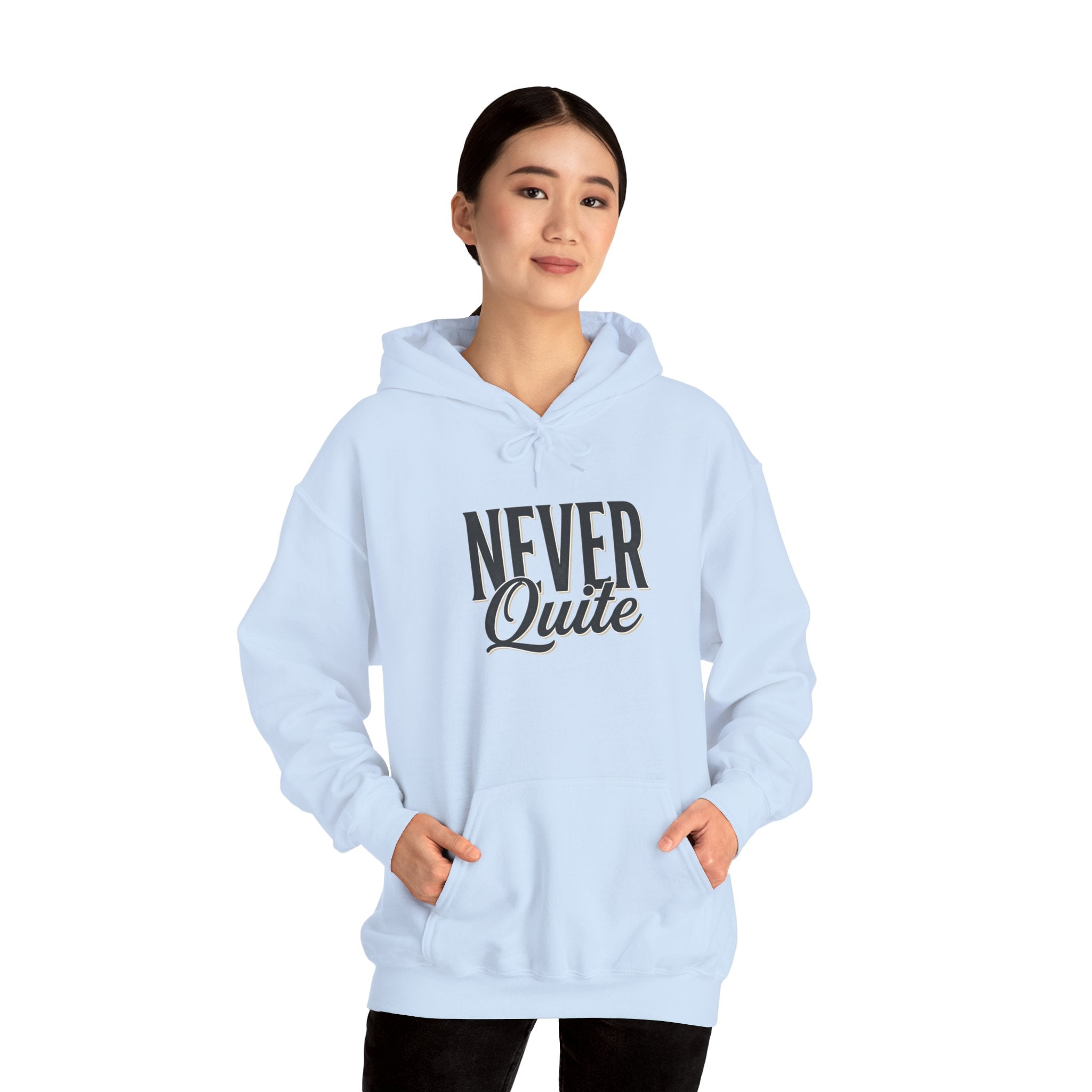Never Quite Done hoodie script print close-up