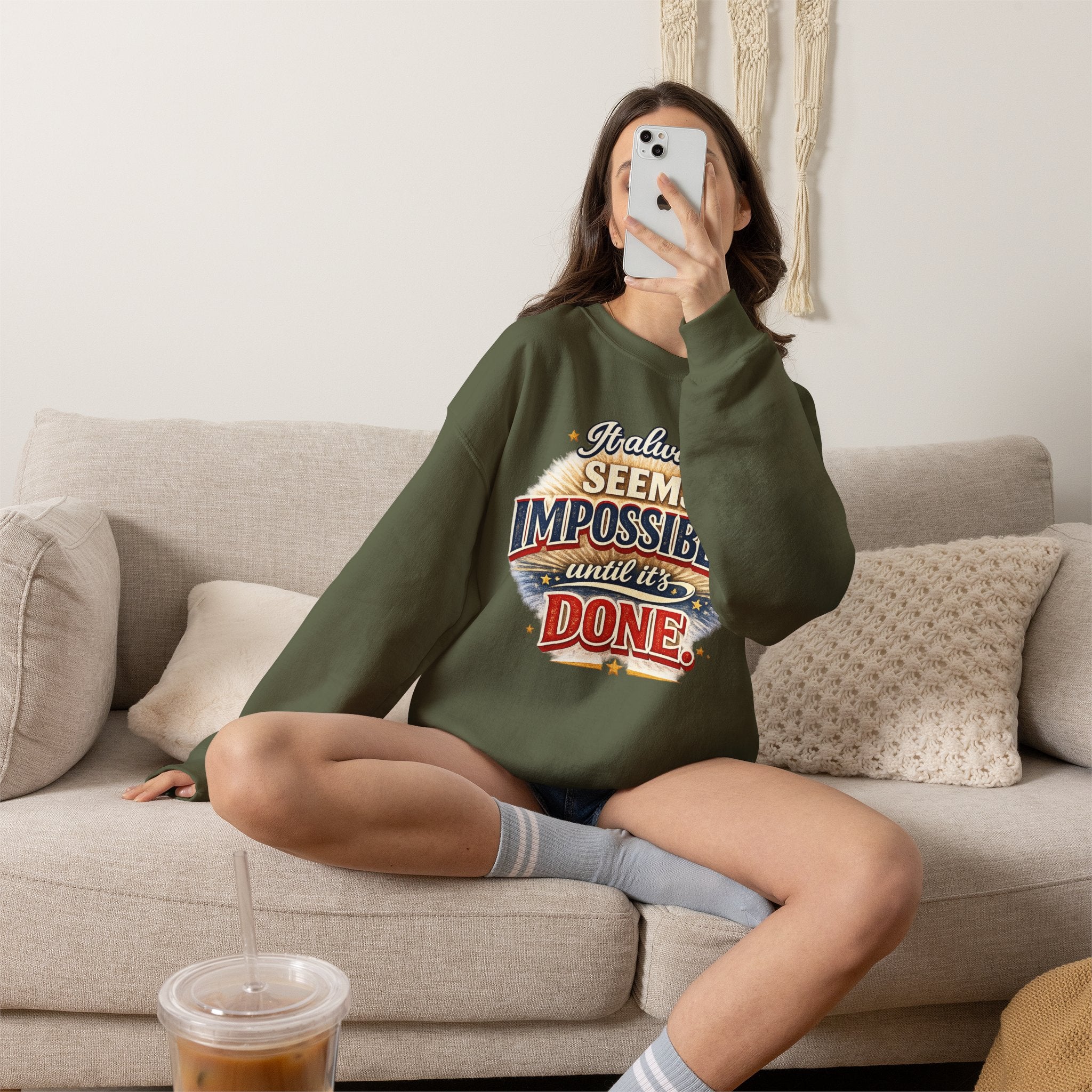 Impossible Until Done" Motivational Crewneck Sweatshirt – Unisex Graphic Pullover for Gym, Work & Daily Grind